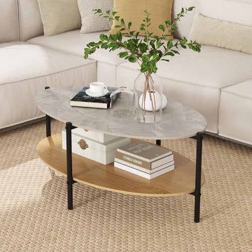 LIFEZEAL Couchtisch Marmor, Ovaler Wohnzimmertisch mit Marmorplatte, Moderner Kaffeetisch Sofatisch mit robustem Metallrahmen, 105 x 65 x 43 cm
