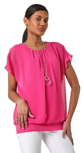 Roman Originals Chiffon Overlay Top with Necklace for Women UK Ladies Smart Evening Blouse Fitted Stretchy Going Out Elegant Sparkly Party 3/4 Length Sleeve V-Neck Silk - Cerise - Size 18