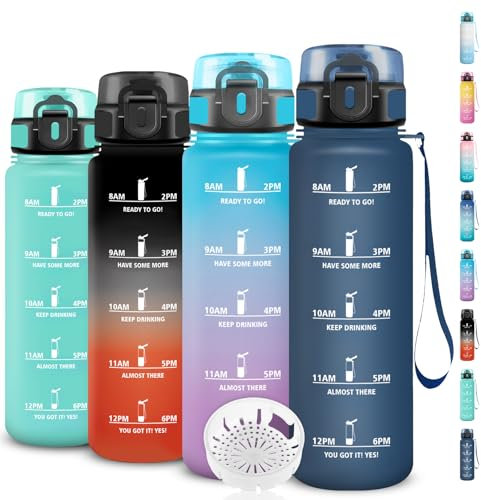 Botella Agua 1 Litro, Botella Agua Gimnasio con Marca de Tiempo,a Prueba de Fugas, Fácil de Transportar, Cantimplora con Marca de Tiempo, Cantimplora Infantil para la Escuela, Camping, Deportes