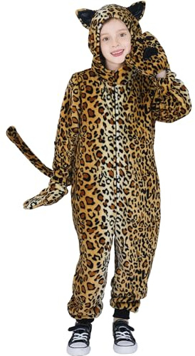 Wizland Kids Flannel Animal Onesie Costumes, Boys and Girls, 3-14 yrs | Flannel Material,Ultra Soft,One-Piece Hooded,Tiger Cheetah Black Cat Daily Fancy Dress,Perfect for Halloween Carnival