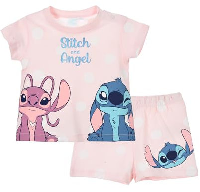 Disney Stitch y Angel Camiseta y Pantalón Corto para Bebe Niña, Algodon Suave Pijama Conjunto 2 Piezas para Bebes, Talla 12 Meses