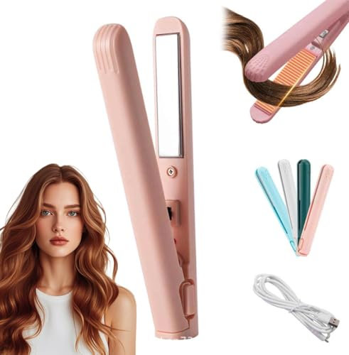 Mini Plancha Pelo, Plancha de Pelo Inalámbrica, Rizador Pelo, Mini Dual Purpose Curling Iron, Mi ni Curling Wand Hair Straightener Curling Iron (Pink)