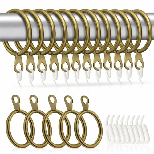 HOMMAKR 50 Pcs Brass Curtain Rings and Hooks, 38mm Ancient and Excellent Metal Brass Curtain Ring with Eyelet for Hooks, Rustpoof Cutain Rail Rings for Window Rods Shower Curtains