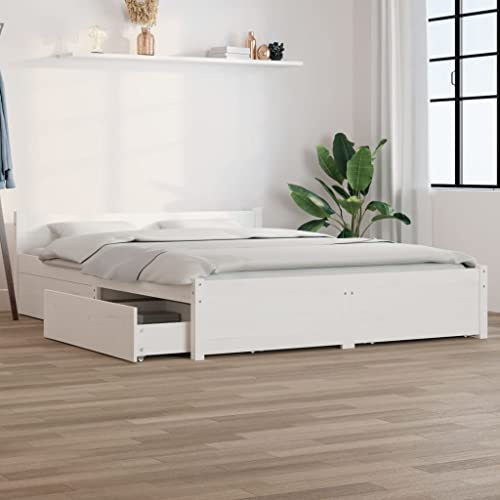 Refined Bett mit Schubladen Holzbett Massivholzbett Bettrahmen Bettgestell Doppelbett Lattenrost Schlafzimmerbett Schlafzimmermöbel Weiß 120x200 cm