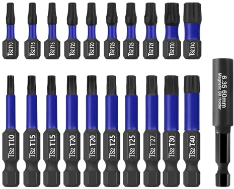 HPHOPE 21tlg PRO Impact Torx Bit Set, T10-T40, 1/4 Sechskantschaft | 60mm Magnetische Bit-Halter. S2-Stahl mit Rostschutzbeschichtung, Magnetische Ausführung & Hohe Drehmomentfestigkeit