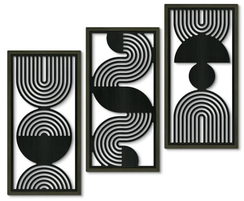 Putuo Decor 3er Set Wandbilder abstrakt Schwarz Weiß, gerahmte Wanddeko minimal modern für Wohnzimmer Schlafzimmer Flur Büro, geometrische Linienbogen Kunst
