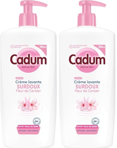 Cadum Crème Lavante Fleur de Cerisier & Huile d'Amande Douce Bio - Soin 24h Anti-Dessèchement - Formule Hypoallergénique pH Neutre Sans Savon - Toute la Famille dès 3 ans - Flacon 100% Recyclé