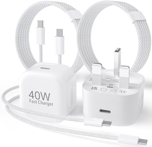 USB C Charger iPhone 17, 2-Pack 40W Fast Charger Plug UK + 2M USB C Cable | Compatible with Apple iPhone 17 Air 17 Pro 16 Pro Max 16 Plus 15 Series iPad Pro/Air New iPhone Fast Charging Type C PD Plug