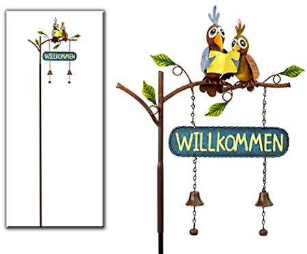 Geschenk-Himmel Stecker Gartenstecker Gartenstab *Willkommen* Vogelpaar Metall - H145cm
