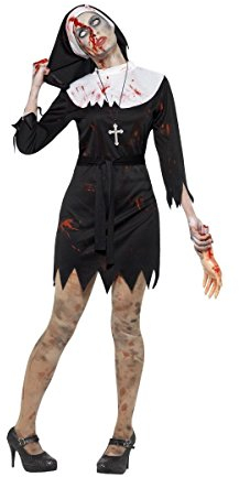Smiffys Schwester Zombie Kostüm, Schwarz, Kleid, Kopfbedeckung, Gürtel & Kreuzanhänger