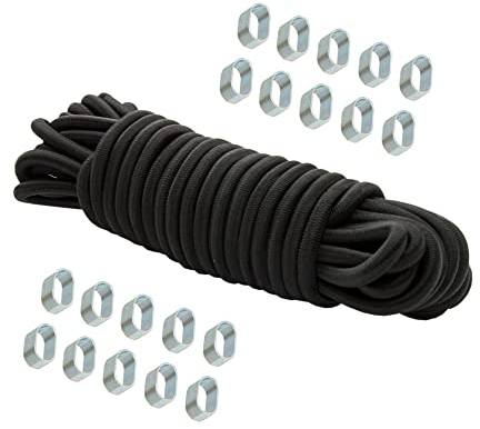 Dreamprint Expanderseil 6mm Schwarz 30m Seil Spannseil Planenseil Gummileine elastisches Gummiseil für Anhängerplane mit 20x Würgeklemmen