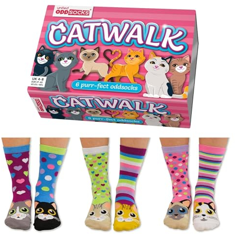 United Oddsocks- Catwalk - Box of 6 Colourful Mix & Match Cat Socks for Women,UK 4-8 | EUR 37-42 | US 6.5-10.5. Fun and Quirky Birthday,Christmas,Mother's Day Gift for Ladies