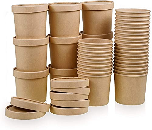 50 x Brown Reusable Soup Ice Cream Container [50 Pack, 16oz] Takeaway Paper Bowl Containers, Cardboard Round Deli Tubs Lids Heavy Duty Sizes: 8oz 12oz 16oz 26oz 32oz