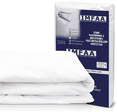 IMFAA 100% Waterproof Mattress Protector-Extra Deep 40 Cm Stretch Skirt Terry Towel Double Bed Mattress Protector – Washable, Anti Allergy and Breathable Fitted Mattress Cover. (Double(137x190+40)Cm)