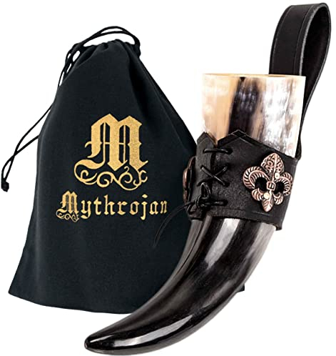Mythrojan The Knight of Real Corne à boire Viking avec support en cuir noir authentique d'inspiration médiévale viking - Finition polie