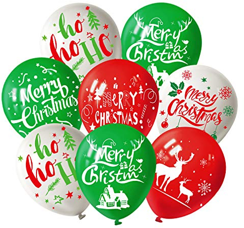 FEPITO 25Pcs Weihnachtsfeier Ballon 12 Zoll Weiß Rot und Grün Latex Weihnachtsballons, 6 Frohe Weihnachten Stil für Weihnachtsdekoration Party Supplies