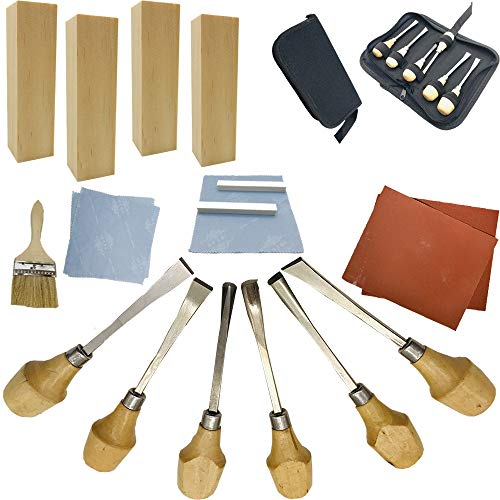 Fycooler Wood Carving Tools Set,20Pcs Wood Carving Tools Kit with Engraving Wood Carving Knives,Chisels,Sharpening Stone,Brushes,Basswood Blocks for Carving Home DIY Sculpture Woodworking Art Craft