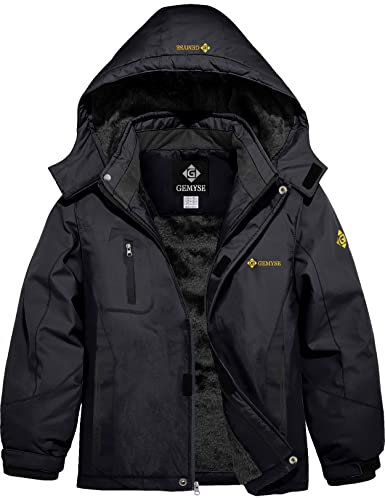 GEMYSE Jungen Skijacke Winter Wasserdicht Winddicht mit Kapuze Outdoor Regenjacke Fleecejacke (Schwarz,128-134)
