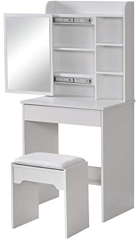 TUKAILAi Schminktisch mit hocker, schminktisch klein，1 großen schubladen, 1 Schiebe Spiegel, 6 Ablagen, Schlafzimmermöbel, Weiß Kosmetiktisch Frisiertisch mit Spiegel
