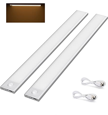 Klighten 2 Pcs Luz Armario 40cm con Sensor Movimiento, 73 LED, 170 LM, USB Recargable Luces LED Armario, Lámpara de Armario con Tira Magnética, Luz Nocturna para Cocina Pasillo, Blanco cálido, Plata