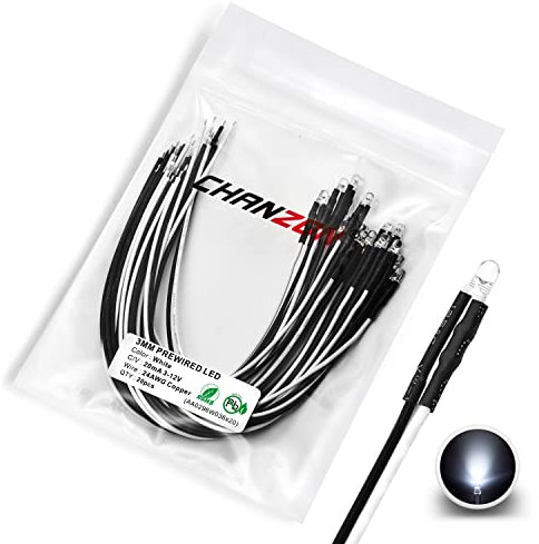 CHANZON [Fil UL] 20 pcs Pré-câblés 3mm Blanc LED Diode Lumières (Lentille Transparente Ronde Transparente DC 12V) avec 560 ohms 1/4 W Résistance et 24 AWG Fil Diode électroluminescente Lampe Ampoule