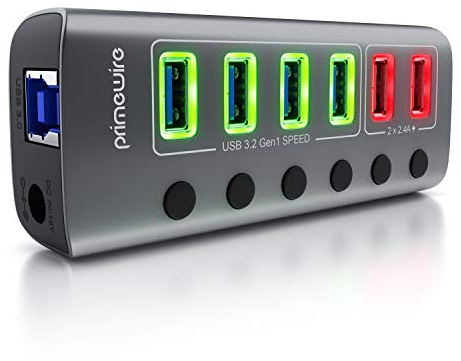 CSL - USB 3.2 Gen.1 6 Port Hub aktiv schaltbar – mit Netzteil - 4 x USB 3.2 Gen1, 2X USB Smart Charge Ports – Alugehäuse grau – für PC Notebook Laptop Tablet PC - bis zu 5 Gbit/s