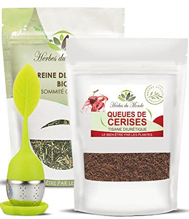 Herbes du Monde – DUO Infusion Bien-Être : Queues de Cerises 100g & Reine des Prés BIO 60g avec Infuseur | Plantes à Infuser 100% Naturelles – 2 Sachets + 1 Infuseur