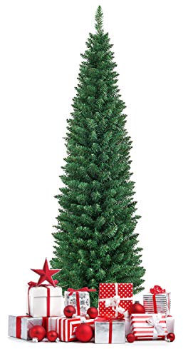 GIANTEX Árbol de Navidad Slim 150/180 cm, Árbol Artificial con 220/400 Ramas de PVC, Soporte de Metal, Árbol Falso Estrecho para Decoración de Navidad, para Tienda, Oficina, Hogar, Verde (180 cm)