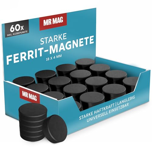 MrMag 60 Professionelle Haftmagnete für Büro und Zuhause | Starke Haftmagnete für Whiteboard, Kühlschrank & Pinnwand | Ferrit-Magnete | 18x4mm