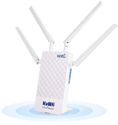 Routeur 4G SIM, KuWFi Routeur Extérieur étanche 4G LTE avec Emplacement pour Carte SIM, Modem 4G pour Orange SFR ILIAD Vodafone, 150 Mbps/sans Fil jusqu'à 300 Mbps, Port LAN/WAN, 4* Antennes