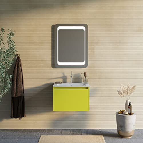 Kiamami Valentina - Mobile Bagno Sospeso | Lavabo Ceramica 1a Scelta | Specchio LED Integrato 60X80 | Ampio Cassetto Sottolavabo, Verde Oliva, 60CM, Legno