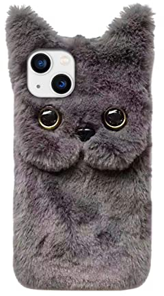 Herbests Plüsch Hülle Kompatibel mit iPhone 13,Karikatur Katzen Handyhülle Warme Flauschige Weiche Süße Tier Schutzhülle Case,Stoßfest TPU Stoßfänger Rückseite Telefonhülle für Mädchen,Grau