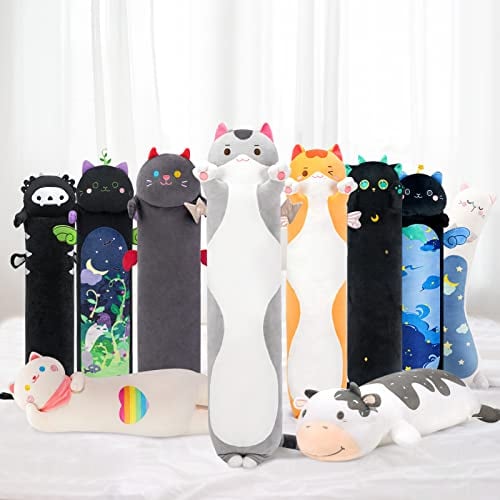 Mewaii Stofftiere Katzen Grau 110CM Plüsch Kissen Lang Kätzchen Plüschtier Ausgestopftes Tier Spielzeug Kuschelkissen Geschenk Plüschkissen über 3 Jahren