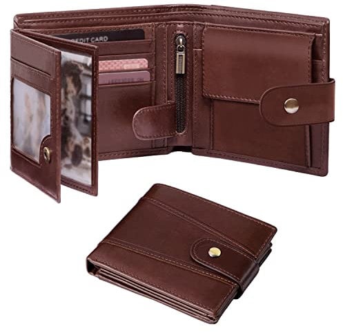 GSG SINCE 1998 Men's Wallets Cowhide Leather Multi-Functional RFID Blocking Wallet with 17 Credit Card Slots, 2 Banknote Compartments, 2 ID Windows, 1 Coin Pocket Dark Brown