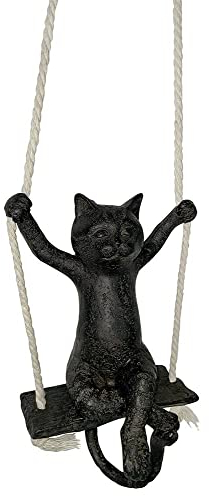 zeitzone Figur Katze auf Schaukel Katzenfigur Dekofigur Skulptur Statue Schwarz 20cm