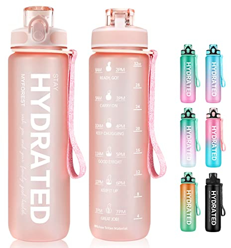 MYFOREST Wasserflasche, BPA-freies Material, 1 l Trinkflasche mit Strohhalm und Zeitmarkierungen, Wasserkrug erfüllt deine Trinkwasserbedürfnisse den ganzen Tag über, Kunststoff,mattes Rosa