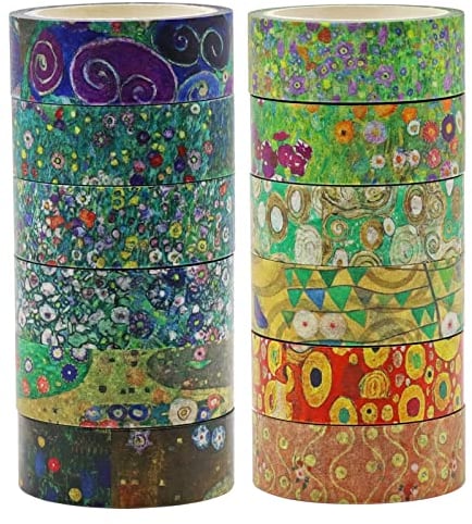 Berkin Arts 12 Rollen Kunst Washi Tape Blume Dekorative Washi Masking Klebeband Set, 15 MM Breite DIY Papier Handwerk Aufkleber, Dekobandverschönern Planer Fotoalbum Bunt Gustav Klimt Painting