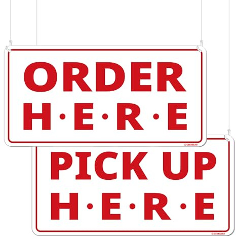 GEEKBEAR Order Here and Pick Up Here Signs (White) - Premium Order Here Pick Up Here Signs with Special Hanging Hooks Attachable to Ceiling - 12 X 6 - 2 Pack