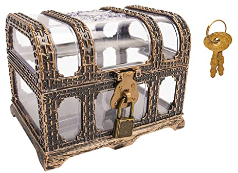 Rileryan Große Piraten-Schatztruhe im Vintage-Stil mit Schloss, transparente Piratenbox, Schatzsammlung, Aufbewahrungsbox für Halloween, Piraten-Thema, Cosplay, Party, Heimdekoration (Bronze)