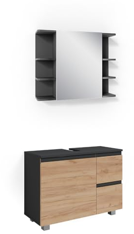 Vicco Badmöbel-Set J-Shape, Badezimmerschrank-Set, Anthrazit/Eiche, 2 Teile