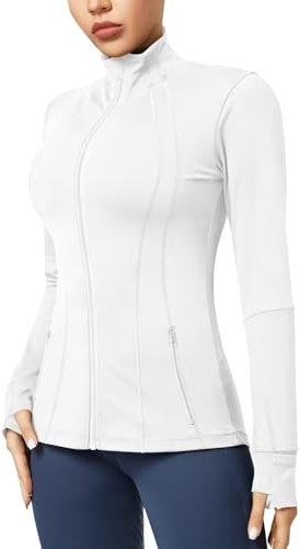QUEENIEKE Women's Slim Fit Running Jackets - Long Sleeves Athletic Workout Gym Tops with Back Mesh Vent & Thumb Holes (White, Medium)