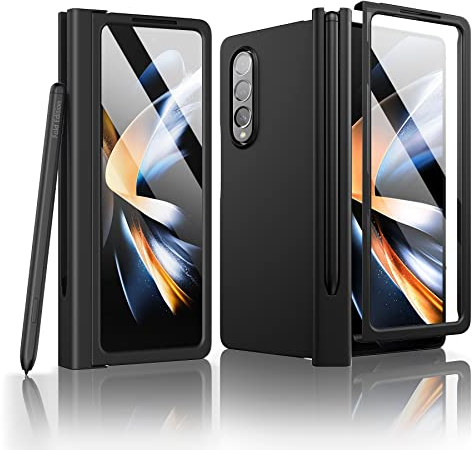 ZCDAYE Samsung Galaxy Z Fold 4 Hülle mit Pen Halter, Schutzfolie, PC Z Fold 4 Handyhülle Stabile Handytasche Klapphülle Case Schutzhülle für Samsung Z Fold 4, Schwarz