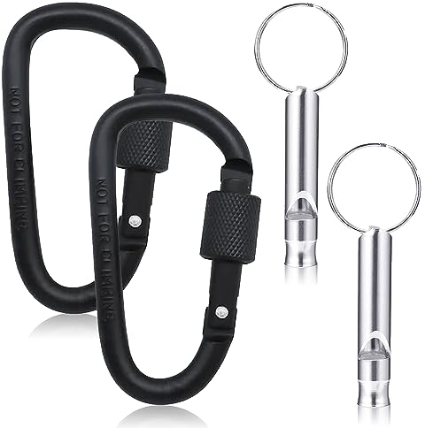 2 Stück Superstarke Schraub Karabiner Schlüsselanhänger mit 2 Stücke Aluminiumlegierung Sport Pfeife, Klein Alu Karabinerhaken mit Schraubverschluss für Rucksack,Schlüsselanhänger,Zelt(Schwarz)