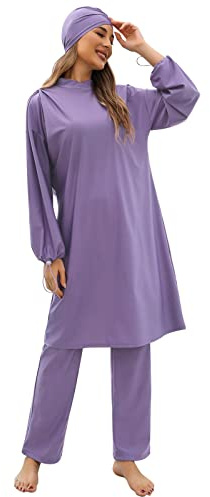 OBEEII Hiab Badeanzug Muslim für Damen Modest Islamisch Arabisch Bademode Schwimmoberteile Hose Hijab Burkini Full Cover Muslim Swimsuits Violett XL