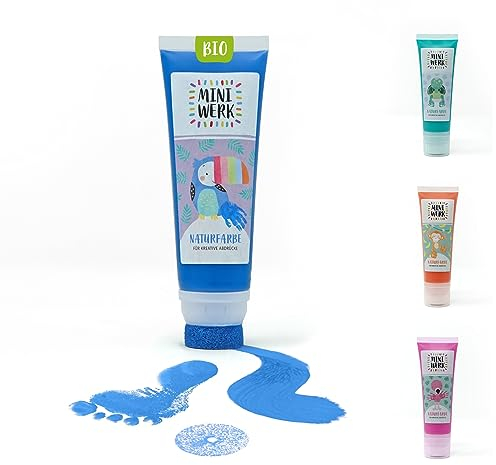 Miniwerk Bio Malfarbe Blau mit Schwammaufsatz aus natürlichen Rohstoffen, schadstofffrei wie Fingerfarbe - Fußabdruck Baby, Stempel Kinder - Erinnerung und Dekoration für Baby- & Kleinkinderzimmer