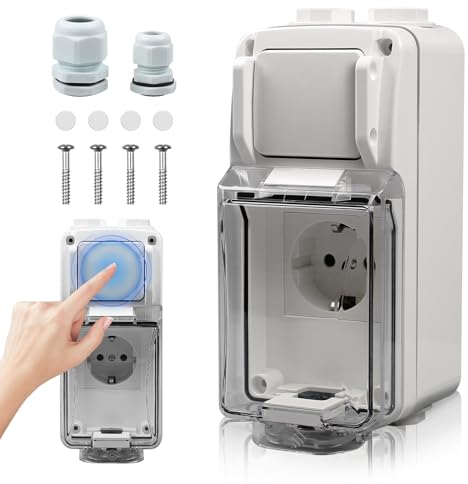 MaxEarn Aussensteckdose Steckdose mit Schalter, IP66 Wasserdichte Außensteckdose Aufputz mit Schloss, 2-Loch Outdoor Gartensteckdosen