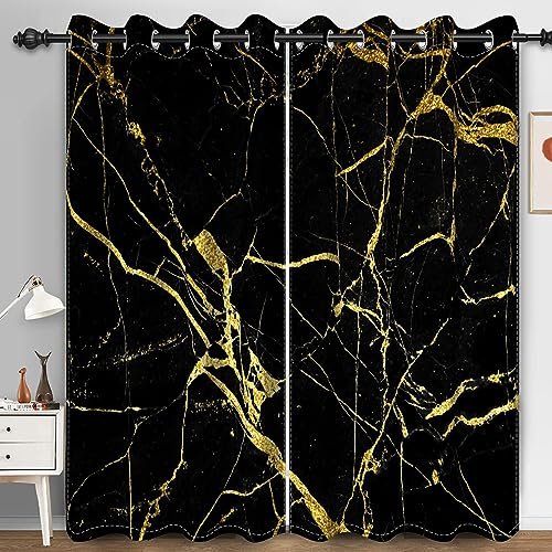 Bovlleetd Marmor Verdunkelungsvorhänge, Goldene abstrakte ästhetische Fenstervorhänge für Schlafzimmer Wohnzimmer 117x229cm (Breite x Länge) Satz 2 Paneele