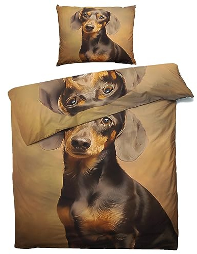 MOBEITI Dackel Bettwäsche 135x200, Hund Motiv Wendebettwäsche, Weiche Kuschelige Mikrofaser Bettbezug Set 2teilig, 1 Kissenbezug 80x80, mit Reißverschluss - Hundemotiv 01