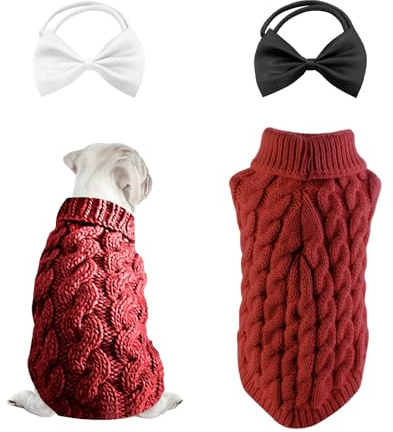 SLEEKEE 1 pull pour animal de compagnie, 2 mouches pour animaux de compagnie, manteau d'hiver chaud pour animaux de compagnie, pull à col roulé, convient aux chats et aux chiens (S, rouge)