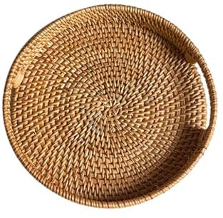 QOKLIYUI Hochwertiges, strukturiertes Serviertablett mit geschlossener und runder Kante für Rattan Serviertablett, rundes Rattan Tablett aus Holz, Lebensmittelkorb Tablett, Typ 1, 25X4cm